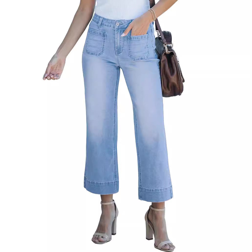 Slimming And Wide Leg Straight-leg Pants Washed Jeans Cropped Pants