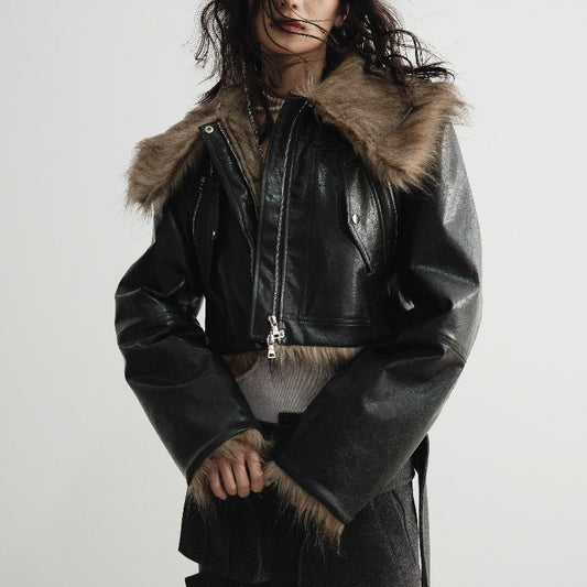 Wild Loose Feeling Fur Reverse Leather Jacket Short Coat