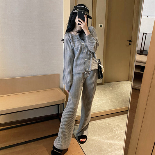 Knitted Cardigan Sweater Wide Leg Pants Trousers Casual Suit Trend