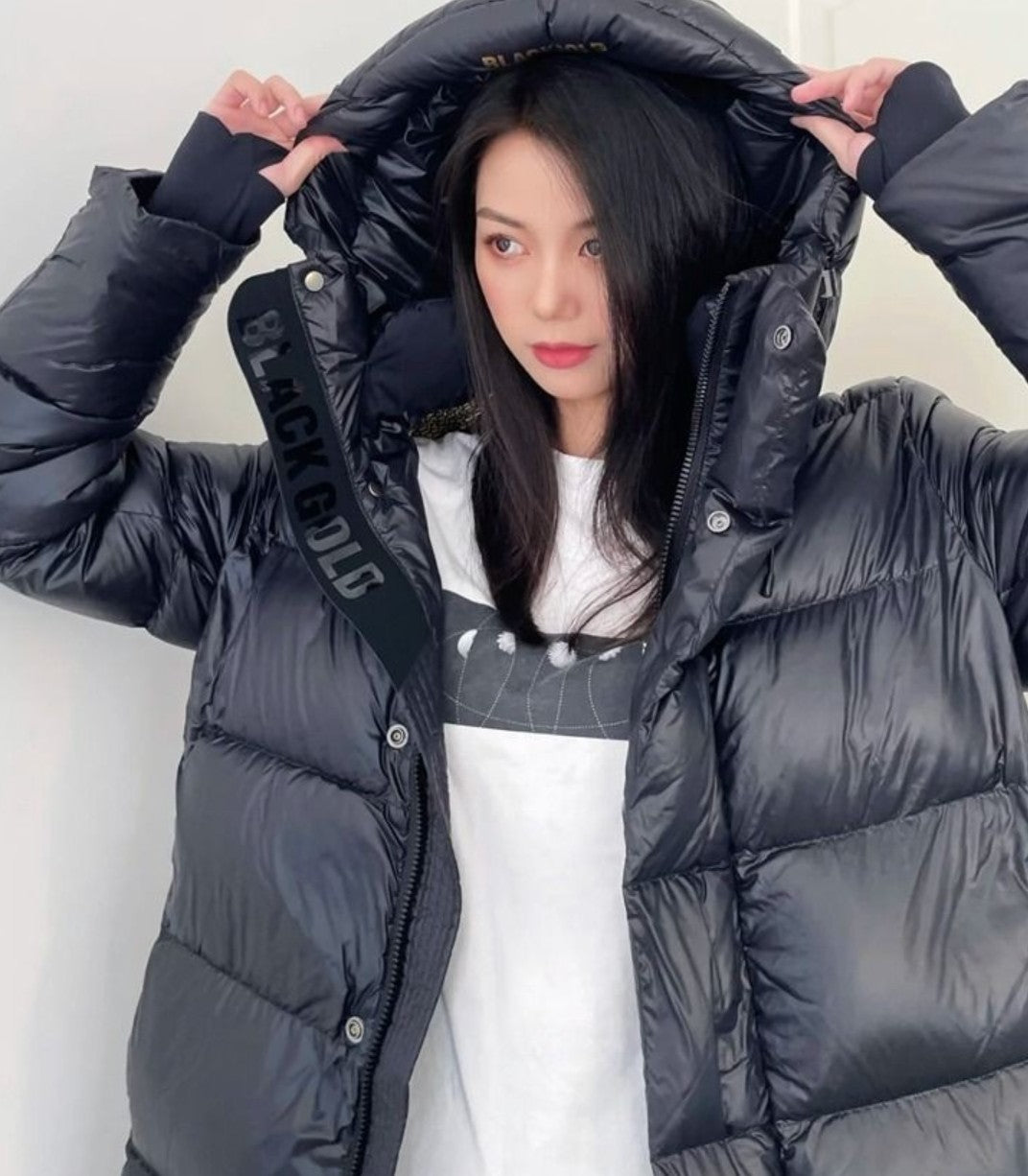 Black Gold White Goose Down Mid-length Elegant Hooded Windproof Overknee Thickened Warm Down Jacket