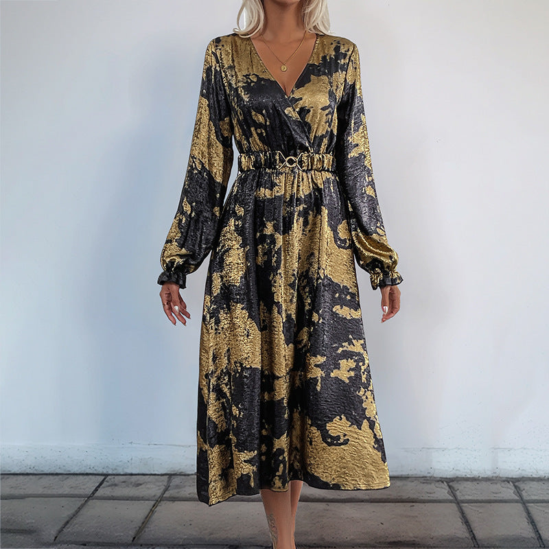 V-neck Long Sleeve A- Hem Bronzing Dress Women