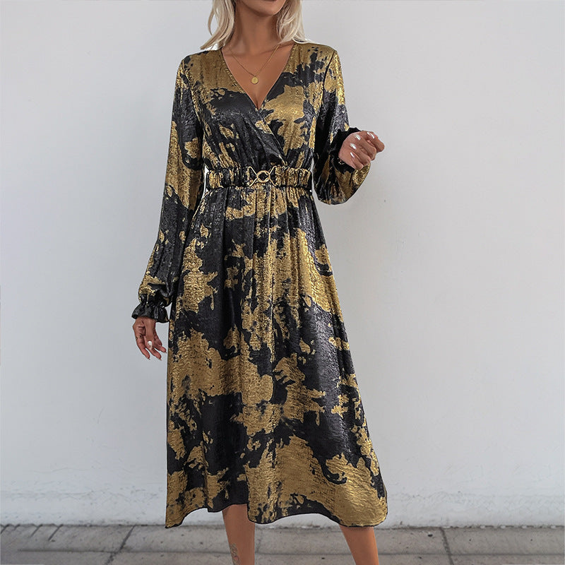 V-neck Long Sleeve A- Hem Bronzing Dress Women