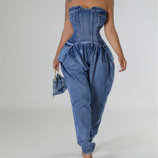 Women's Tube Top High Elastic Fashion Denim Jumpsuit