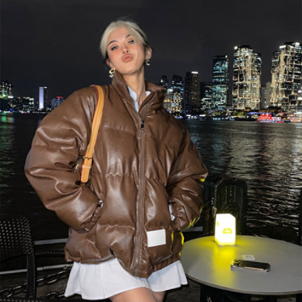 Winter Stand Collar Zipper Brown Parka Jacket Women