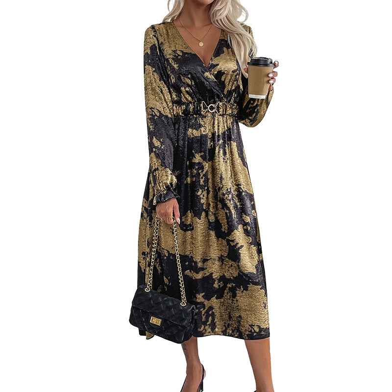 V-neck Long Sleeve A- Hem Bronzing Dress Women