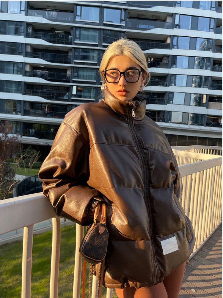 Winter Stand Collar Zipper Brown Parka Jacket Women